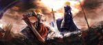  2girls blonde_hair clarent excalibur fate/apocrypha fate/stay_night fate_(series) fighting green_eyes highres mother_and_daughter multiple_girls ponytail saber saber_of_red 