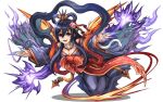  black_hair claws dress hair_rings izanami_(p&amp;d) long_hair looking_at_viewer magatama neckerchief official_art open_clothes open_shirt outstretched_arms payot purple_dress puzzle_&amp;_dragons shirt smile snake violet_eyes 