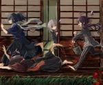  ! !? /\/\/\ 4boys ahoge azzz_(7334080) black_hair blue_eyes brown_hair bucket closed_eyes fallen_down honebami_toushirou japanese_clothes kashuu_kiyomitsu male_focus multiple_boys namazuo_toushirou open_mouth ponytail running scarf silver_hair sliding_doors smile touken_ranbu violet_eyes yamato-no-kami_yasusada 