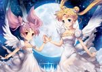  2girls bishoujo_senshi_sailor_moon blonde_hair blue_eyes bow bracelet chibi_usa collarbone covered_navel crescent double_bun dress facial_mark flower forehead_mark full_moon hair_flower hair_ornament hamifr holding_hands jewelry long_hair moon multiple_girls necklace pink_hair princess_serenity red_eyes short_hair small_lady_serenity tsukino_usagi twintails white_bow white_dress white_wings wings 