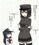  2girls :&lt; :d ? akatsuki_(kantai_collection) akitsu_maru_(kantai_collection) anchor_symbol annin_musou black_hair black_legwear black_skirt commentary_request flat_cap hat kantai_collection long_hair long_sleeves miniskirt multiple_girls neckerchief open_mouth pleated_skirt school_uniform serafuku short_hair skirt smile striped striped_legwear thigh-highs translation_request 