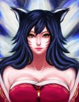  1girl ahri animal_ears bare_shoulders blue_eyes breasts cleavage detached_sleeves facial_mark fox_ears ikhwan_maulana korean_clothes large_breasts league_of_legends lips long_hair looking_at_viewer nose portrait red_background shadow simple_background smile solo symmetry whisker_markings white_background 
