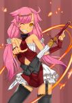  1girl absurdres ahoge amber_eyes baicha bare_shoulders black_legwear dark_skin dress garter_straps gauntlets grin hair_ornament highres layered_dress long_hair one_eye_closed original pink_hair red_dress scrunchie sleeveless sleeveless_dress smile solo sword tan thigh-highs twintails very_long_hair weapon white_dress 