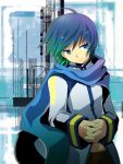  1boy blue_scarf kaito kamiyoshi_rika male_focus multicolored_eyes multicolored_hair navel scarf solo vocaloid 