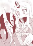  2girls :d alternate_costume battleship-symbiotic_hime blush casual claws covered_mouth gift hair_between_eyes horn horns kantai_collection long_hair long_sleeves monochrome multiple_girls open_mouth seaport_hime shinkaisei-kan smile yamato_nadeshiko 