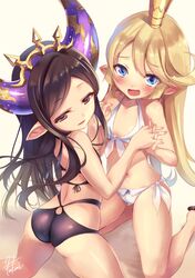  2girls bikini black_hair blonde_hair blue_eyes blush fukai_ryousuke granblue_fantasy long_hair multiple_girls open_mouth pointy_ears red_eyes swimsuit 