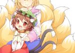  2girls :3 :d animal_ears blonde_hair brown_eyes brown_hair cat_ears cat_tail chen commentary_request dress fang fox_tail green_hat hand_on_another&#039;s_head ibarashiro_natou jewelry long_hair long_sleeves mob_cap multiple_girls multiple_tails nekomata open_mouth red_dress short_hair single_earring smile tabard tail touhou twitter_username yakumo_ran 