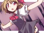  1girl :o black_legwear blonde_hair collared_shirt dress fang hemogurobin_a1c open_mouth outstretched_arms pointy_ears rumia shirt short_hair solo thigh-highs torn_clothes torn_dress touhou 
