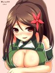  1girl amagi_(kantai_collection) bare_shoulders blush breast_press breasts brown_eyes brown_hair cleavage flower hair_between_eyes hair_flower hair_ornament highres kantai_collection large_breasts looking_at_viewer loussier666 mole mole_under_eye ponytail 