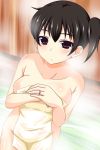  1girl breasts brown_eyes brown_hair commentary covering_chest highres jewelry kaga_(kantai_collection) kantai_collection large_breasts looking_at_viewer naked_towel nishi_koutarou onsen ring side_ponytail solo steam towel 