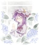  1girl bespectacled book capelet chair crescent flower glasses hair_ribbon highres hydrangea long_hair long_sleeves looking_at_viewer looking_out_window mob_cap patchouli_knowledge purple_hair rain red-framed_glasses ribbon shihou_(g-o-s) sitting solo touhou tress_ribbon upper_body violet_eyes 