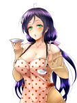  1girl apron bare_shoulders breasts green_eyes highres ladle long_hair looking_at_viewer love_live!_school_idol_project open_mouth purple_hair ramucha saucer simple_background solo sweater toujou_nozomi twintails 