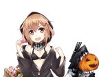  1girl :d bare_shoulders basket brown_eyes brown_hair candy clenched_hand colis_(regunm772) fang hair_ornament hairclip halloween hoodie ikazuchi_(kantai_collection) jack-o&#039;-lantern kantai_collection looking_back macaron o-ring_top off_shoulder open_mouth re-class_battleship re-class_battleship_(cosplay) scarf short_hair simple_background smile striped striped_scarf white_background 