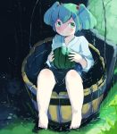  1girl bare_legs barefoot blush bucket food fruit full_body green_eyes green_hair hair_bobbles hair_ornament heiya japanese_clothes kimono kisume light_particles long_sleeves looking_at_viewer partially_submerged sitting smile solo touhou twintails water watermelon wide_sleeves yukata 