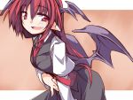  1girl :d armband breasts business_suit collared_shirt demon_wings fang head_wings hemogurobin_a1c juliet_sleeves koakuma librarian long_hair long_sleeves necktie open_mouth pointy_ears puffy_sleeves red_eyes redhead seductive_smile shirt skirt sleeveless_blazer smile solo touhou wings 