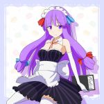  1girl adapted_costume alternate_costume apron bare_shoulders cato_(monocatienus) dress elbow_gloves enmaided frame gloves hair_ribbon long_hair looking_at_viewer maid maid_headdress menu patchouli_knowledge purple_hair ribbon solo strapless_dress striped striped_dress thigh-highs touhou tress_ribbon very_long_hair violet_eyes waist_apron white_gloves white_legwear zettai_ryouiki 