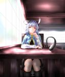  1girl animal_ears arm_rest black_legwear capelet ceiling chair highres kneehighs knees_together light_smile long_sleeves looking_at_viewer mouse_ears mouse_tail nazrin red_eyes short_hair silver_hair solo sunlight table tail thcapenxer1234 touhou window 