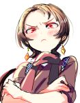  1boy blush brown_hair crossed_arms earrings frown japanese_clothes jewelry kashuu_kiyomitsu long_hair looking_at_viewer male_focus mole mole_under_mouth pippilipi ponytail red_eyes red_scarf scarf sketch solo touken_ranbu upper_body white_background 