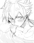  1boy blush hakuryuu_(inazuma_eleven) inazuma_eleven_(series) inazuma_eleven_go long_hair male_focus monochrome parted_lips ponytail rococolove sketch solo steam upper_body water wet white_background 