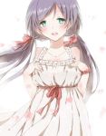  1girl bare_arms bare_shoulders black_hair commentary_request dress green_eyes hair_ribbon hiro_(hirohiro31) long_hair love_live!_school_idol_project low_twintails open_mouth petals ribbon sleeveless sleeveless_dress solo toujou_nozomi twintails very_long_hair white_dress wind wrist_cuffs 