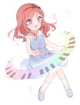  1girl :d artist_name blue_dress blue_shoes dress hair_ribbon love_live!_school_idol_project marin_(myuy_3) mary_janes musical_note nishikino_maki open_mouth piano_keys playing_instrument redhead ribbon shoes smile socks solo violet_eyes younger 