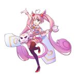  1girl ;o animal_ears black_legwear blue_eyes cat_ears cat_tail guitar hair_ornament heart_hair_ornament huazang instrument long_hair one_eye_closed pink_hair rosia_(show_by_rock!!) show_by_rock!! simple_background skirt solo tail thigh-highs very_long_hair white_background zettai_ryouiki 