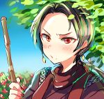  1boy alternate_costume blue_sky blush broom brown_hair earrings face flower japanese_clothes jewelry kashuu_kiyomitsu long_hair looking_at_viewer male_focus mole mole_under_mouth nail_polish outdoors pippilipi ponytail red_eyes red_nails red_scarf scarf sky solo touken_ranbu tree upper_body 