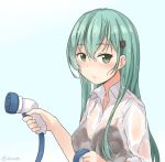  1girl black_bra blue_background bra breasts collared_shirt gradient gradient_background green_eyes green_hair hair_ornament hairclip holding ido_(teketeke) kantai_collection lace-trimmed_bra long_hair looking_at_viewer looking_to_the_side see-through shirt small_breasts solo suzuya_(kantai_collection) twitter_username underwear water_hose wet wet_clothes wet_shirt white_shirt 