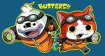  cat ghost ghostbusters goggles goggles_on_head jibanyan multiple_tails no_humans notched_ear open_mouth parody purple_lips sakiko_(gekiama) simple_background tail two_tails whisper_(youkai_watch) youkai youkai_watch youkai_watch_busters 