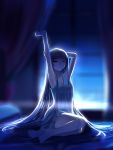  1girl absurdres backlighting blurry depth_of_field highres legs long_hair looking_at_viewer night nightgown original red_flowers solo stretch 