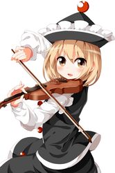  1girl blonde_hair bow_(instrument) hat instrument long_sleeves looking_at_viewer lunasa_prismriver open_mouth playing_instrument rakugakiyarou shirt skirt skirt_set smile solo touhou vest violin yellow_eyes 