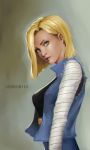  1girl android_18 blonde_hair blue_eyes blurry character_name dragon_ball dragon_ball_z from_side phamoz solo vest 
