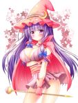  1girl alternate_costume bare_arms baton breasts cape cleavage crescent dress gloves hair_ribbon hat highres large_breasts long_hair osashin_(osada) patchouli_knowledge purple_hair red_gloves ribbon sash short_dress solo star striped striped_dress thighs touhou tress_ribbon very_long_hair violet_eyes witch_hat 