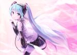  1girl black_legwear black_skirt blue_eyes blue_hair blue_nails detached_sleeves feathered_wings hatsune_miku headphones highres long_hair looking_at_viewer microphone nail_polish necktie pomon_illust skirt smile solo tattoo thigh-highs twintails very_long_hair vocaloid wings zettai_ryouiki 