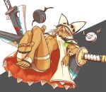  1girl ass black_background blonde_hair breasts feet guilty_gear guilty_gear_xrd katana looking_at_viewer ramlethal_valentine red_eyes shinzou solo sword thighs toes two-tone_background under_boob weapon white_background 