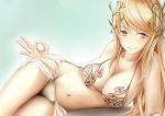  1girl aigis_(sennen_sensou_aigis) bikini blonde_hair blush breasts long_hair looking_at_viewer lying nannacy7 navel on_side sennen_sensou_aigis smile solo swimsuit 