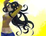  1girl artist_request belly_ring black_hair blue_eyes breasts cleavage dahlia_(pokemon) dark_skin jeans midriff pokemon pokemon_(game) solo 