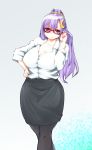  1girl bespectacled breasts business_casual cleavage collared_shirt crescent_hair_ornament glasses hair_ornament hand_on_hip highres hiro_(h-net) huge_breasts long_hair pantyhose patchouli_knowledge plump red_eyes shirt skirt smile solo touhou 