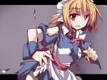  :d blonde_hair breasts burnt_clothes collared_shirt dress hemogurobin_a1c looking_at_viewer maid maid_headdress mugetsu necktie open_mouth pointy_ears red_eyes sash shirt short_hair smile sweatdrop torn_clothes torn_dress touhou touhou_(pc-98) wrist_cuffs 
