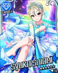  1girl artist_request black_eyes blonde_hair blue_dress card_(medium) character_name diamond_(symbol) dress earrings idolmaster idolmaster_cinderella_girls jewelry necklace official_art shiomi_shuuko short_hair tiara 