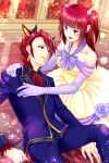  1boy 1girl animal_ears beauty_and_the_beast blue_eyes bow brother_and_sister dress fang formal gloves hair_bobbles hair_ornament horns open_mouth redhead siblings smile sparkle suit tears twintails two_side_up umineko_no_naku_koro_ni ushiromiya_ange ushiromiya_battler white_gloves yuumare 