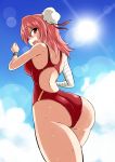  1girl ass bandages blush breasts bun_cover competition_swimsuit double_bun ibaraki_kasen kousei_(public_planet) one-piece_swimsuit open_mouth pink_eyes pink_hair short_hair solo swimsuit touhou 