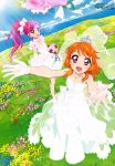  2girls absurdres aikatsu! brown_eyes character_request clouds dress gloves highres legs multiple_girls ocean official_art oozora_akari orange_hair pink_eyes ponytail redhead sky tiara water wedding_dress 