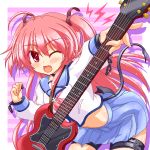  1girl angel_beats! demon_tail guitar instrument long_hair marimo_(artist) navel one_eye_closed pink_hair red_eyes school_uniform serafuku tail twintails two_side_up yui_(angel_beats!) 