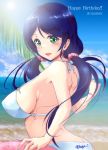  1girl bikini breasts green_eyes highres kgo long_hair love_live!_school_idol_project open_mouth purple_hair sideboob smile solo swimsuit toujou_nozomi twintails 
