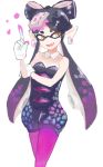 1girl :d black_hair callie_(splatoon) detached_collar earrings fangs food food_on_head gloves hair_rings jewelry long_hair looking_away mask mole mole_under_eye object_on_head open_mouth orange_eyes pantyhose pointy_ears purple_legwear simple_background smile snt solo splatoon sushi unitard white_background