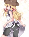  1girl apron apron_lift bike_shorts blonde_hair blush commentary_request hair_ribbon hammer_(sunset_beach) hat long_hair looking_back moriya_suwako open_mouth ribbon smile solo touhou violet_eyes 