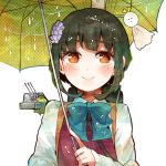  1girl brown_eyes green_hair itomugi-kun kantai_collection school_uniform short_hair smile solo takanami_(kantai_collection) teruterubouzu umbrella 