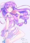  1girl alternate_costume alternate_headwear bare_shoulders book bun_cover double_bun gradient gradient_background hair_bun hair_ornament iris_anemone jpeg_artifacts long_hair looking_to_the_side off_shoulder open_book patchouli_knowledge purple_hair shirt shoes_removed short_sleeves shorts simple_background solo text touhou twitter_username vest violet_eyes wrist_cuffs 
