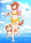  1girl :d animal_ears anklet barefoot bikini blue_eyes breasts brown_hair bubble cleavage collar dog dog_ears dog_tail fang hair_ornament hairclip highres jewelry long_hair navel one_eye_closed open_mouth ponytail ribbon skirt sky smile solo swimsuit tail umino_(anesthesia) water water_gun 